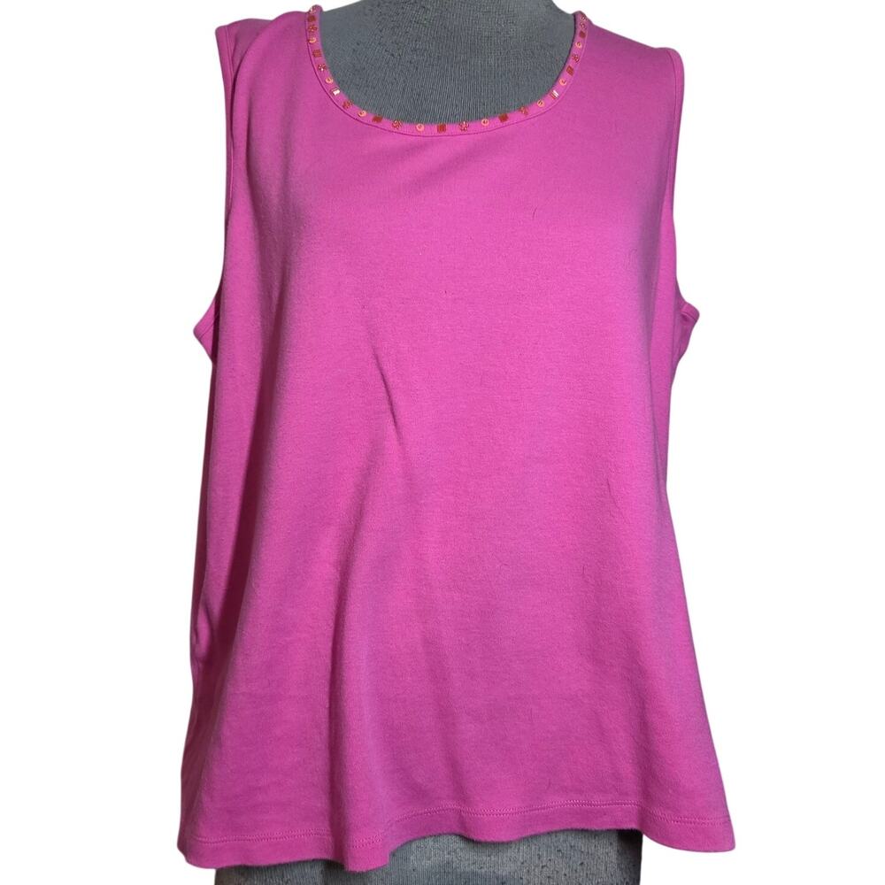 Quacker Factory Pink Embellished Neck Cotton Tank Size XL